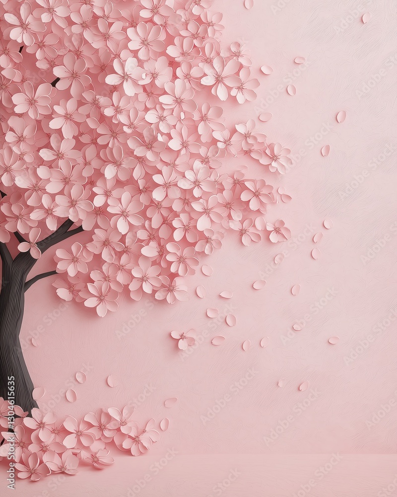 Poster digital illustration of a tree with pink cherry blossom flowers. the tree is on the left side of the