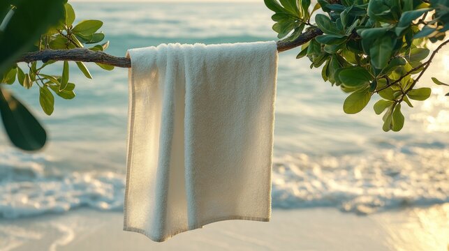 A pristine white beach towel, draped gracefully on a weathered wooden rod, against a soft pale backdrop, is framed by vibrant green foliage, evoking a sense of tranquil beach relaxation.