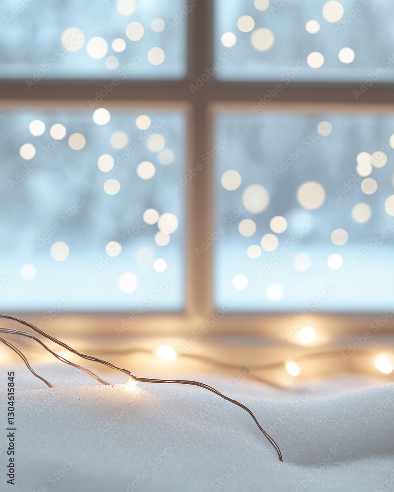 Poster close-up of a window with a string of fairy lights in front of it.