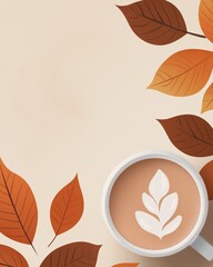 Fototapeta premium Illustration of a cup of coffee with a white flower design on it. the cup is white and is placed on a beige background. around the cup, there are several orange and brown leaves scattered around.