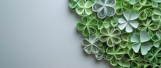 Happy St Patrick's Day is celebrated with a banner design that includes paper quilling shamrocks on a white background