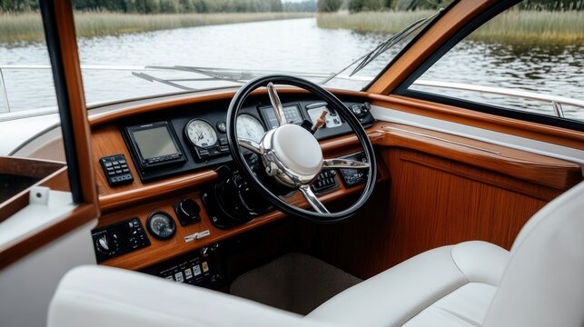 Luxury boat interior showcases wooden dashboard and steering wheel along a serene river during a calm afternoon