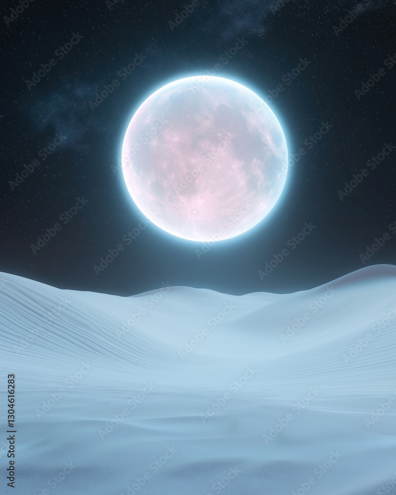 Poster digital illustration of a full moon in the night sky. the moon is a bright pink color and is partial
