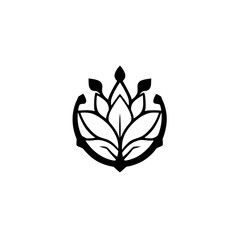 Black and White Lotus, a graphic design element with leaves, stylized petals, and decorative curved arms.