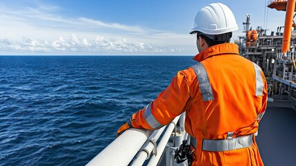 A worker wearing bright orange safety gear stands on a ship, gazing out at the vast ocean under clear blue skies during daytime