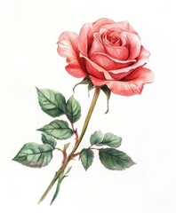 Single pink rose watercolor painting with stem and leaves on white background.