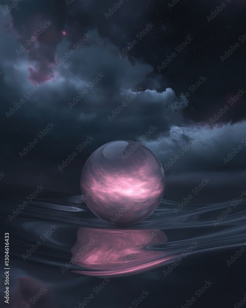Poster digital illustration of a pink sphere floating on a body of water. the sphere is spherical and appea