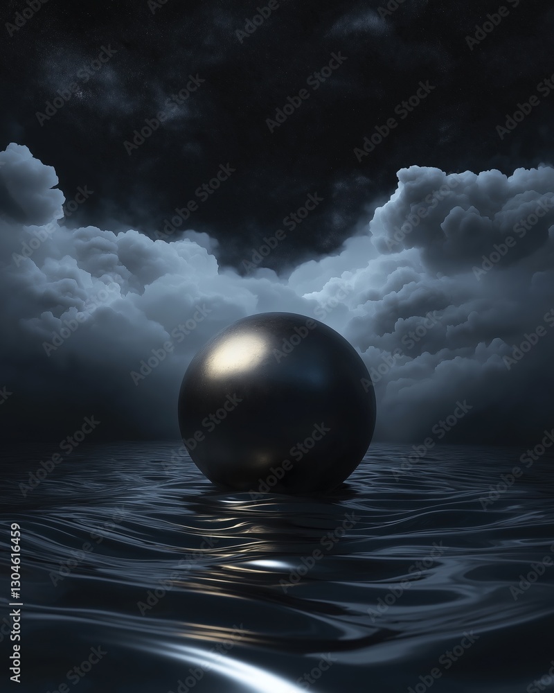 Poster digital illustration of a black sphere floating on the surface of the water. the sphere is spherical