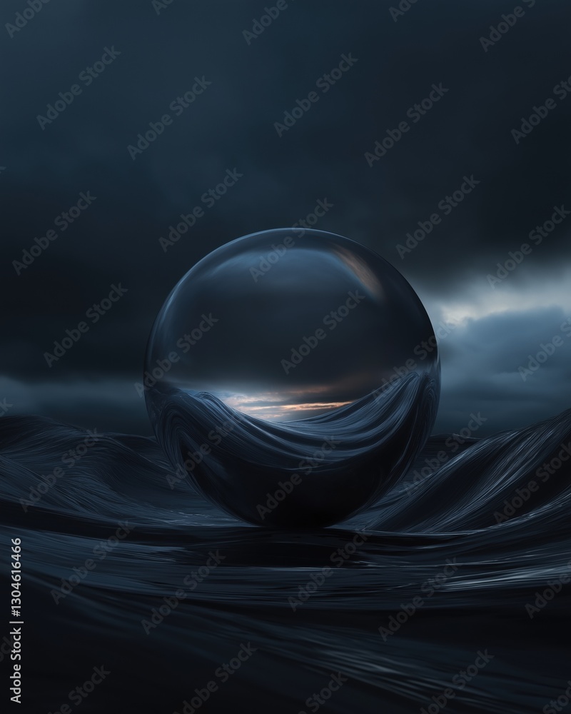 Poster digital art piece that appears to be a photograph of a sphere floating in the middle of a body of wa
