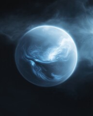 Digital illustration of a blue planet in the center of a dark background. the planet appears to be spherical in shape and has a smooth, icy surface.