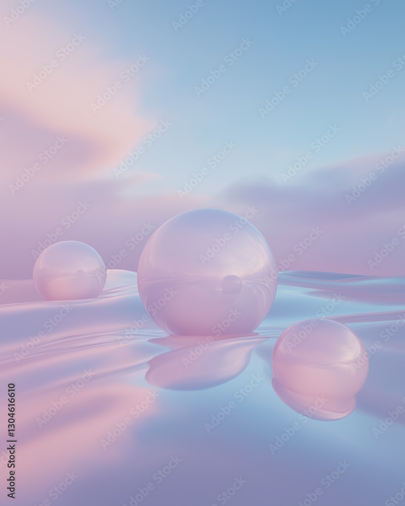 Poster digital illustration of three spheres floating on a body of water. the spheres are spherical in shap