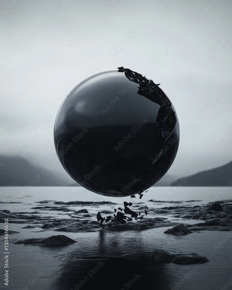 Poster black and white photograph of a large spherical object floating on top of a body of water. the objec
