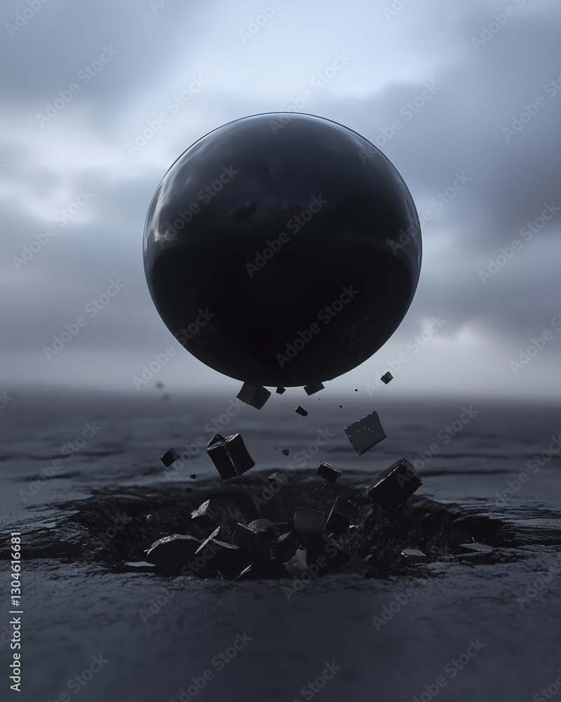 Poster large black sphere floating in the middle of a body of water. the sphere appears to be floating on t