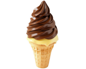 Delicious chocolate soft serve ice cream cone with creamy yellow base, served in crispy waffle cone, perfect for sweet treat on sunny day
