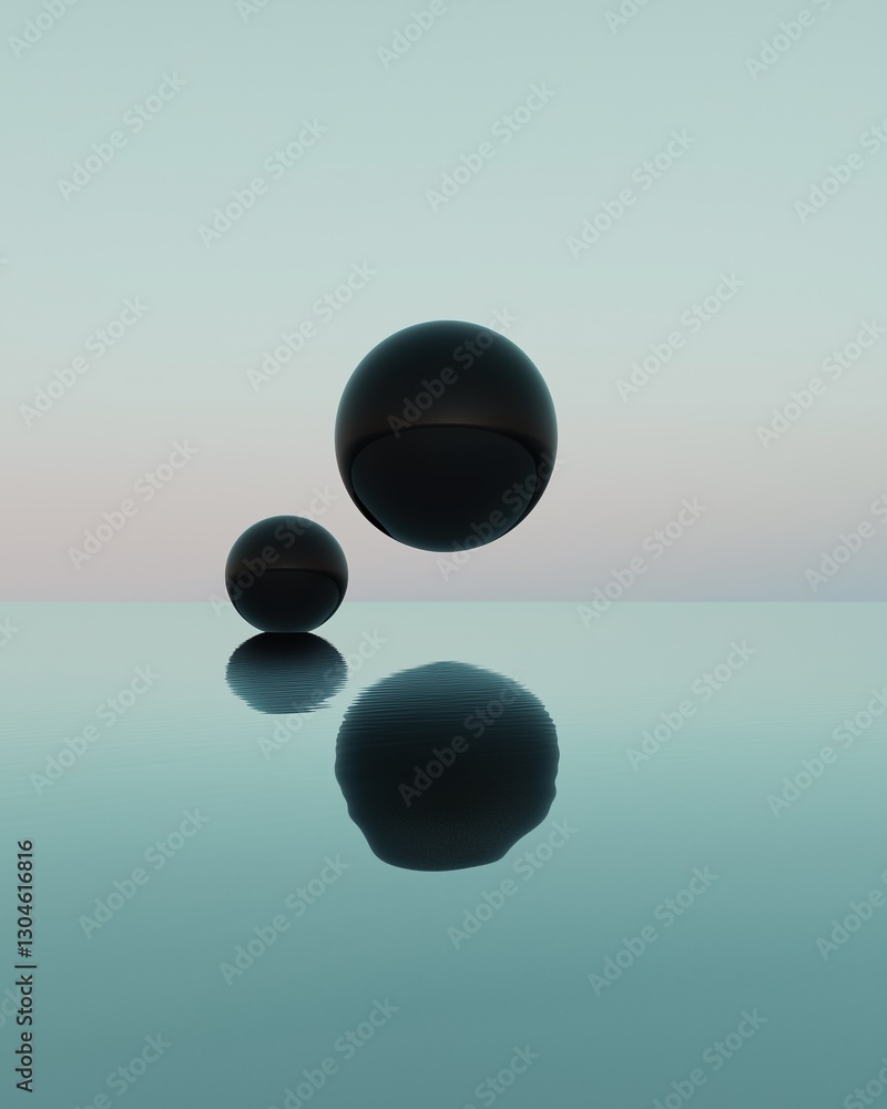 Poster two black spheres floating on a light blue surface. the spheres are spherical in shape and appear to