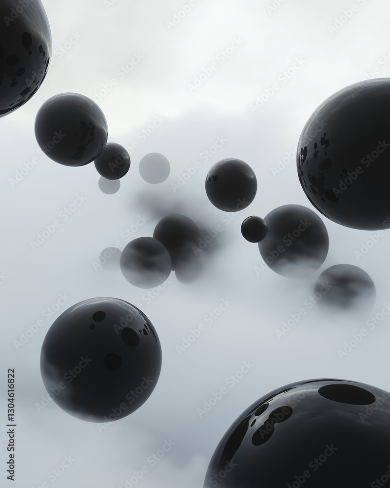 Aufkleber group of black spheres floating in the air. the spheres are of different sizes and shapes, with some