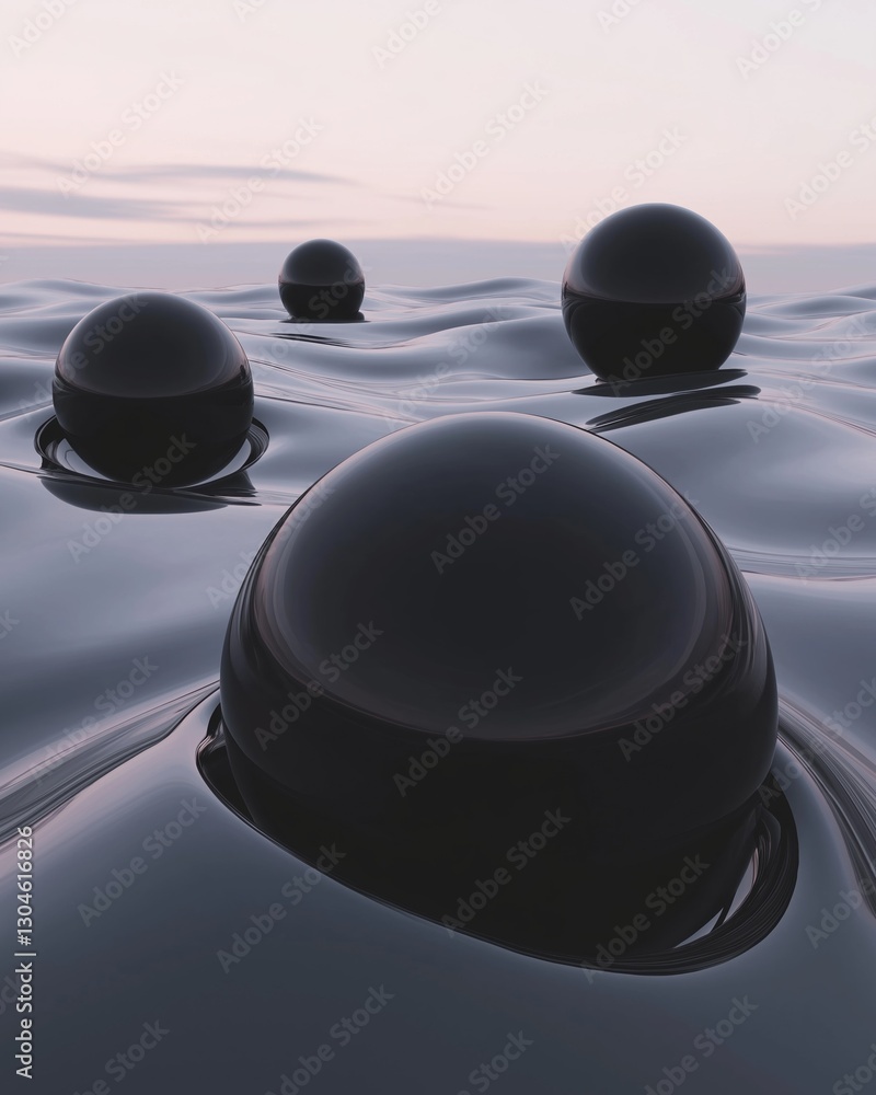 Poster three black spheres floating on top of a body of water. the spheres are spherical in shape and appea