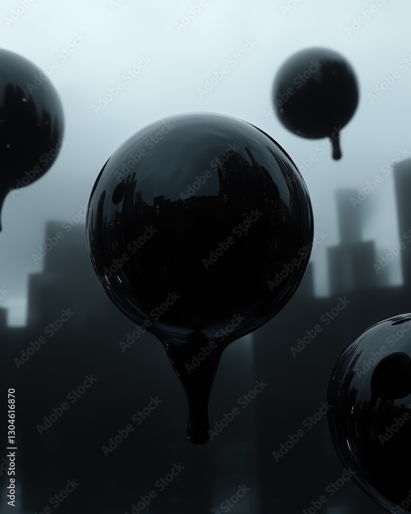 Poster group of three black spheres floating in the air. the spheres are spherical in shape and appear to b