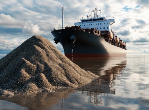 Cargo ship unloads sand at harbor during cloudy afternoon in coastal area with calm water reflections