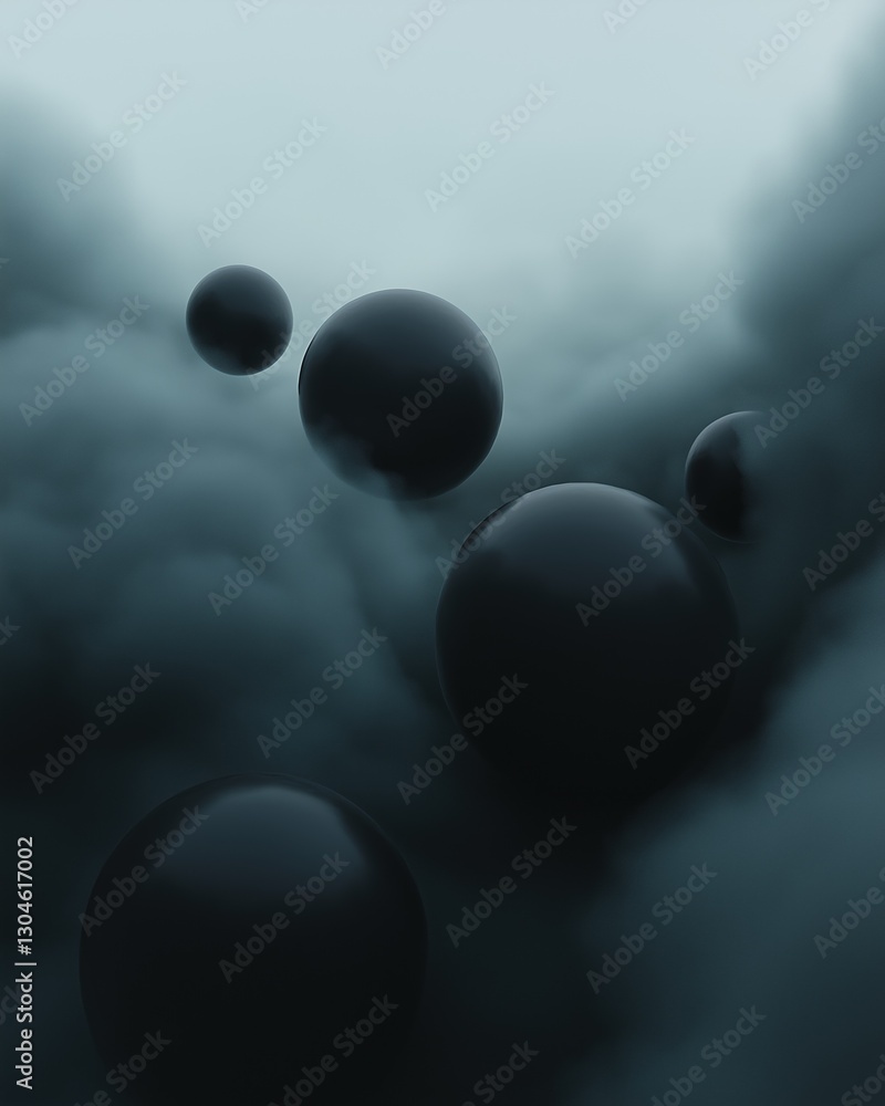 Poster group of five black spheres floating in the air. the spheres are of different sizes and shapes, with