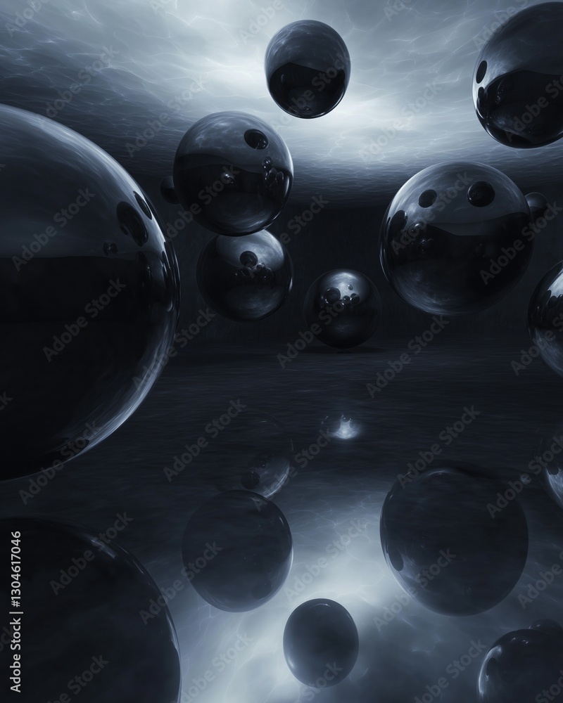 Aufkleber digital art piece that appears to be a group of black spheres floating in the air. the spheres are o