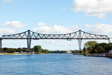 Rendsburg High Bridge with its suspension ferry across Kiel Canal