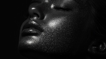 Black and white close-up portrait of a woman's face. the woman's eyes are closed and her lips are slightly parted, as if she is sleeping.