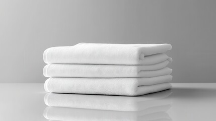 Three pristine white beach towels, neatly stacked and folded, rest on a reflective, polished surface against a neutral gray backdrop, creating a clean, modern mockup for a beach towel product