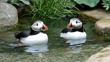 In a peaceful setting, two puffins glide gracefully through a serene pond, which is adorned by lush greenery all around