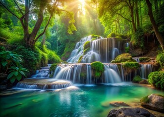 Obraz premium Lush Emerald Pa Ton Nam Waterfall in Jungle, Tilt-Shift Miniature Photography