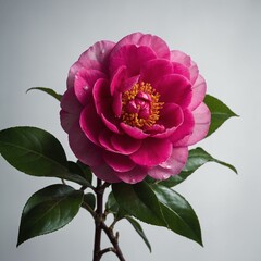 "A vibrant fuchsia-colored camellia with deep contrast against a glowing white backdrop."