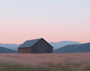 Solitary wooden barn stands amidst wide grassy field during twilight hours with mountains in the background