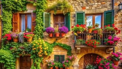 Fototapeta premium Montepulciano Tuscany Italy: Sunny Summer Balcony Flowers, Architecture, Closeup Window View