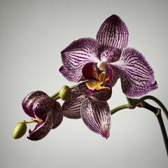 "A single exotic orchid with soft directional lighting casting elegant shadows on a white surface."