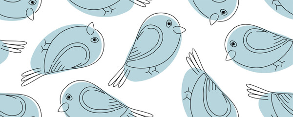 Cute bird seamless pattern. Hand drawn black line and white background. Vector illustration.