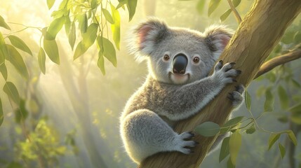 Fototapeta premium Adorable koala perched on a eucalyptus tree branch, bathed in sunlight.