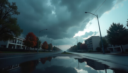 Naklejka premium Dark storm clouds over empty urban street with reflections
