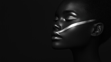 Black and white portrait of a woman's face. the woman is facing towards the left side of the image, with her eyes closed and her head tilted slightly to the side.