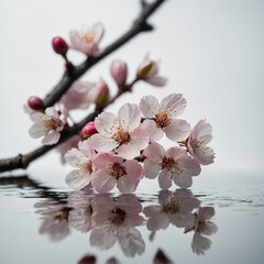 "A few cherry blossoms gently placed on a reflective surface, merging with a white backdrop."