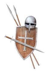  knight's shield helmet sword and two spears isolated on white