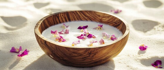 Delicate floral bath in a wooden bowl on sandy beach at sunset creating a serene and tranquil atmosphere for relaxation and rejuvenation