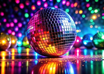 Obraz premium Neon Disco Ball, Low Light Photography, Colorful Reflections, Party Lights, Festive Atmosphere