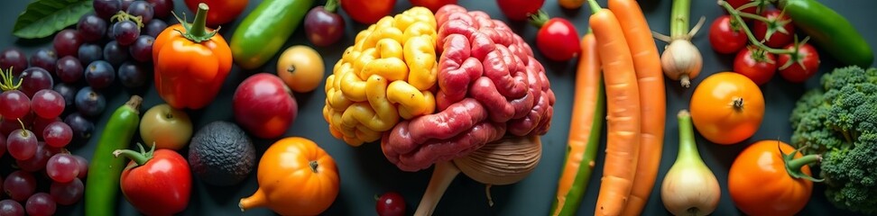 Close-up shot of assorted colorful fruits and vegetables resembling human brain, organic, health