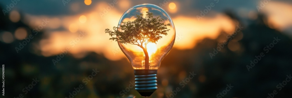 Poster light bulb with a tree inside it shining against a stunning sunset backdrop in a serene landscape. g
