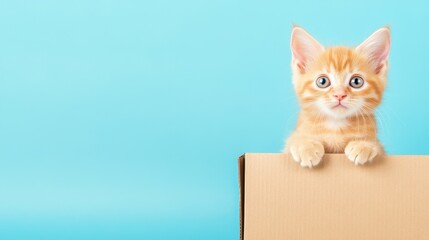 Whiskered Curiosity: A charming ginger kitten peers over the edge of a cardboard box, set against a vibrant, captivating cyan background, its eyes reflecting a world of playful discovery.