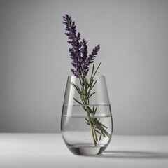 "A single lavender stem in an elegant glass vase against a seamless white background."
