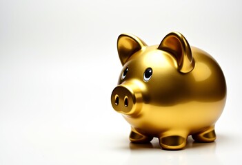 A Vision of Wealth: This Gold Piggy Bank, Set Against a Clean White Background, Represents Prosperity and the Smart Choices We Make to Secure Our Financial Future.

