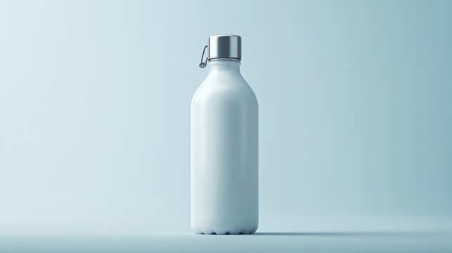 A pristine white sports bottle, adorned with a simple silver screw cap and a sturdy string, stands majestically against a minimalist backdrop, ready to showcase its sleek design and versatility in
