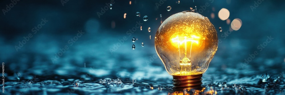 Poster unique light bulb glowing in rain while water droplets fall around it creates a captivating atmosphe