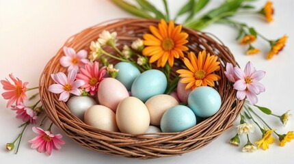wicker nest filled with pastel-colored Easter eggs